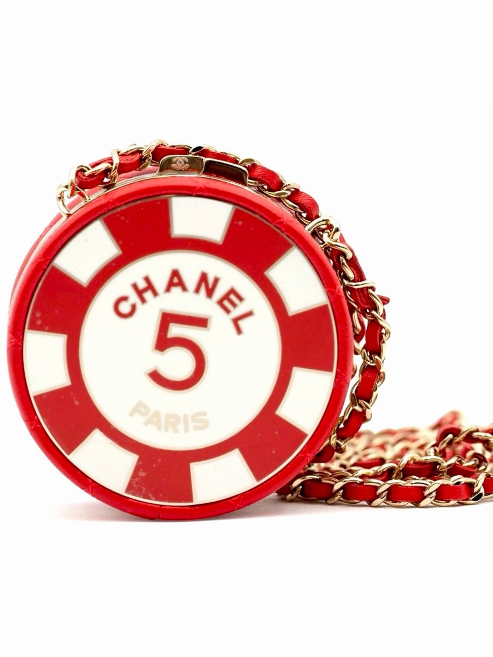 Rare Chanel Red Lambskin Quilted Leather & Enamel Poker Chip Minaudière Clutch